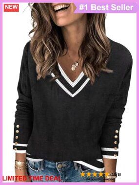 Womens V Neck Long Sleeve Striped Rib Knit Pullover Sweater Lightweight